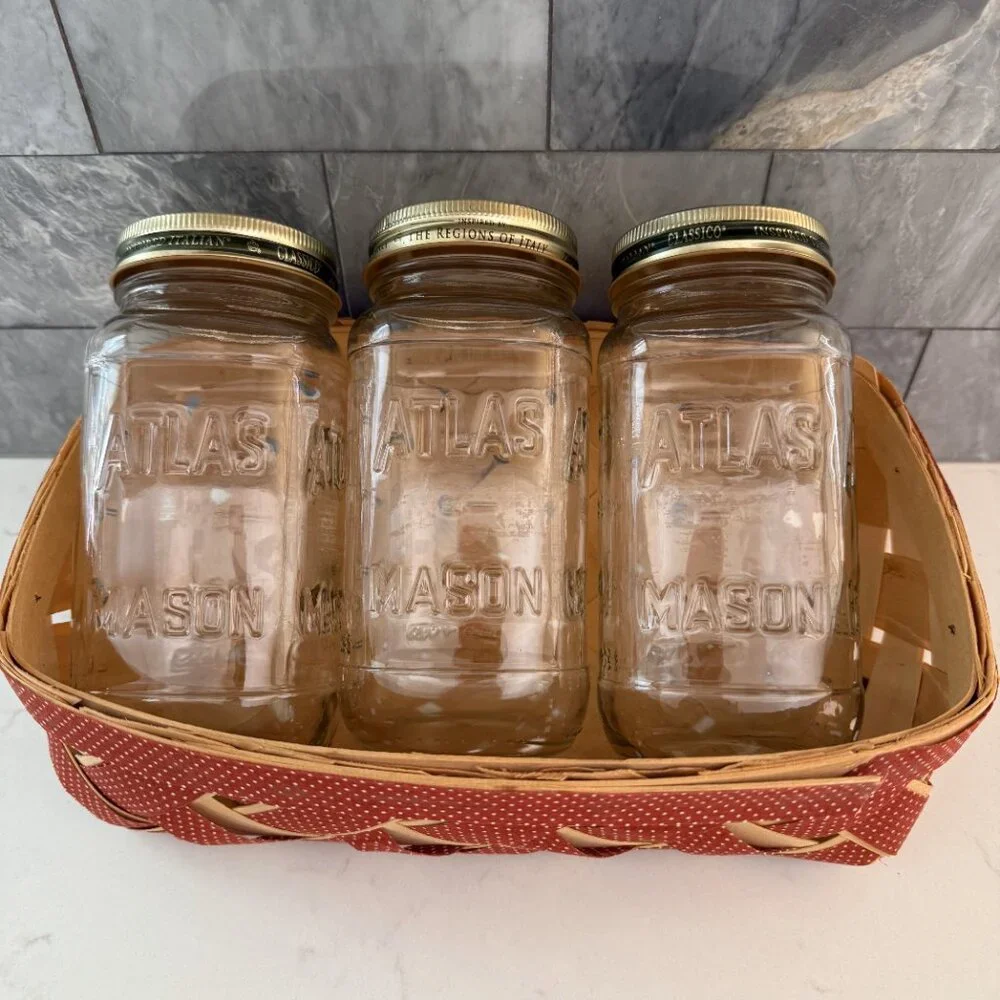 Vtg Farmhouse Split Slat Wood Woven Red Ribbon Basket w 20 oz Atlas Mason Jars